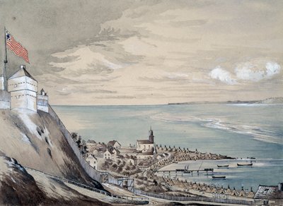Fort og landsbyen Mackinaw, med det indiske leirleiret, september 1842 (wc på papir) av Henry Francis Ainslie