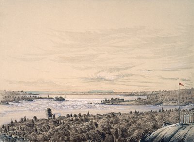 Sault de Ste. Marie mellom Lakes Huron og Superior, 1842 (wc på papir) av Henry Francis Ainslie