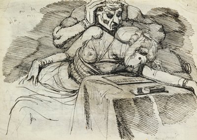 En kvinne som svimer ved et skrivebord, med en truende figur bak av Johann Heinrich Füssli