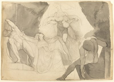 Hjulpet av Eeriboia, bærer Hermes bort de utmattede arene fra de sovende sønnene til Aloeus (recto); Skisse av en av de sovende sønnene til Aloeus (verso) av Johann Heinrich Füssli