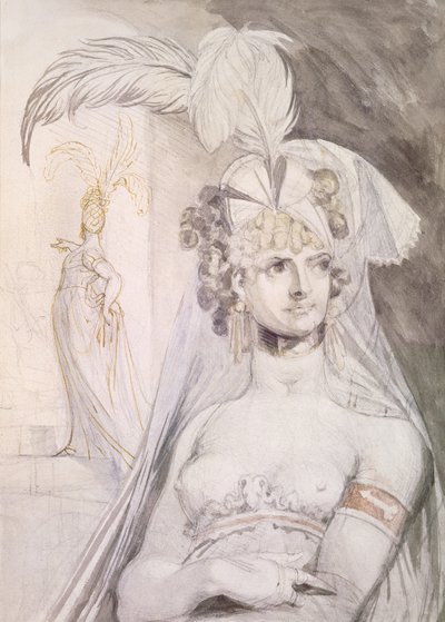 Halvfigur av en kurtisane med fjær, en sløyfe og et slør i håret, 1800-10 (blyant, wc og blekk på papir) av Johann Heinrich Füssli