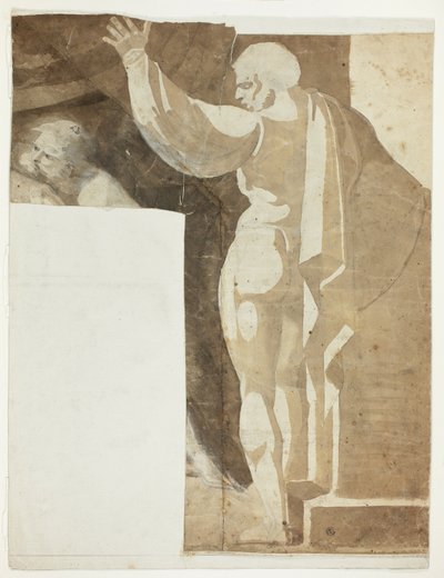 Mannsfigur med venstre arm hevet sett fra baksiden, og fragment av gammel mann av Johann Heinrich Füssli