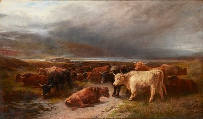 Highland Cattle in a Mountain Glen (olje på lerret) av Henry Garland