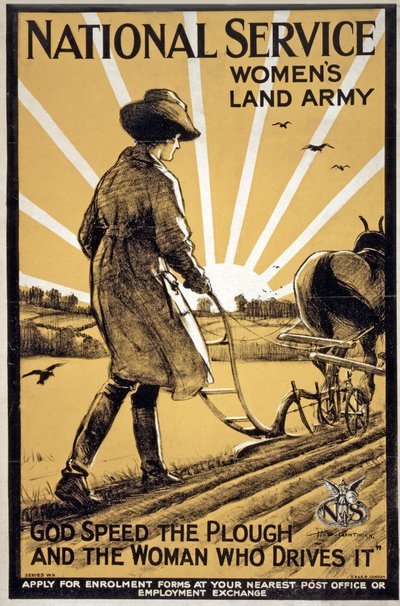 National Service Women's Land Army, Gud fart på plogen og kvinnen som kjører den, pub. London, ca. 1917 av Henry George Gawthorn