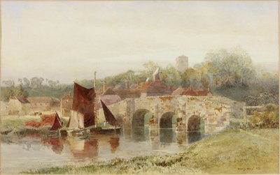 Landsby med bro (akvarell på papir) av Henry George Hine