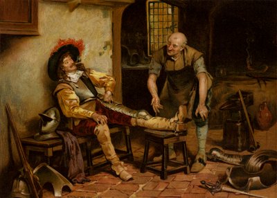 A Splendid Fit, en mann som er utstyrt med rustning (chromolitho) av Henry Gillard (after) Glindoni
