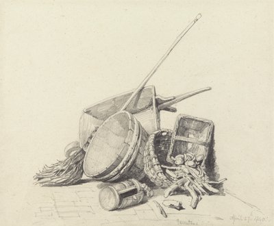 Stilleben med trillebår og kurver, 27. april 1840 av Henry Harris Lines