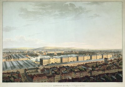 En utsikt over London Dock fra St. Georges-in-the-East, gravert av Daniel Havell, pub. av T. Clay, 1816 (akvatint) av Henry Haseler
