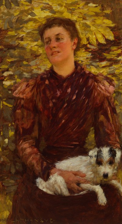 Ung jente med en hund (olje på lerret) av Henry Herbert La Thangue