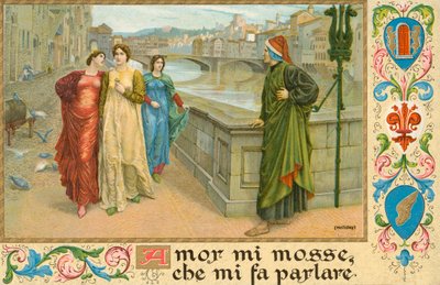 Den italienske poeten Dante Alighieri og Beatrice Portinari (chromolitho) av Henry Holiday