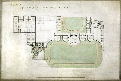 Brighthelmstone, eller Brighton Pavilion - generell plan for hus og stall med eiendom, som viser utvidelse av arkitekten Henry Holland (1745-1806), ca. 1801 (akvarell på papir) av Henry Holland