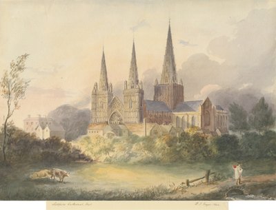 Lichfield Cathedral - West View: vannfargemaleri, 1844 av Henry James Noyes