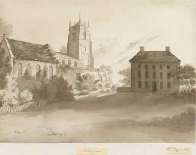 Pattingham Church and Vicarage House: sepia vasketegning, 1844 av Henry James Noyes