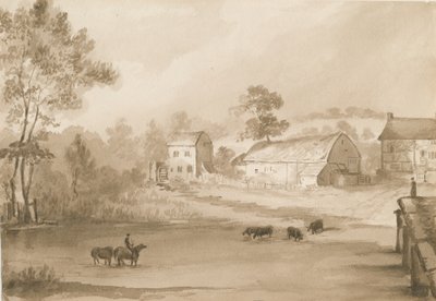 Trysull Mølle: sepia vask tegning av Henry James Noyes