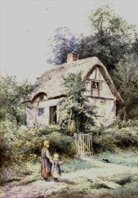 To jenter og en kattunge ved en hytte med stråtak av Henry John Sylvester Stannard