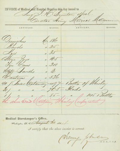 Faktura for medisinsk og sykehusbutikk, signert Henry Johnson, 30. august 1864 av Henry Johnson