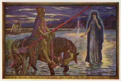Arthur møter Lady of the Lake og får sverdet Excalibur (farge litho) av Henry Justice Ford