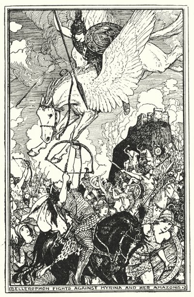 Bellerophon kjemper mot Myrina og hennes amasoner (litho) av Henry Justice Ford
