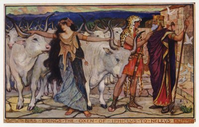 Bias bringer oksene til Iphiclus til Neleus (farge litho) av Henry Justice Ford