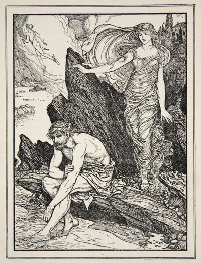 Calypso tar synd på Ulysses, fra "Tales of the Greek Seas" av Andrew Lang av Henry Justice Ford
