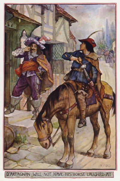 D'Artagnan vil ikke få hesten sin til å le av, scene fra The Three Musketeers, av Alexandre Dumas (farge litho) av Henry Justice Ford