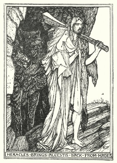 Heracles bringer Alcestis tilbake fra Hades (litho) av Henry Justice Ford