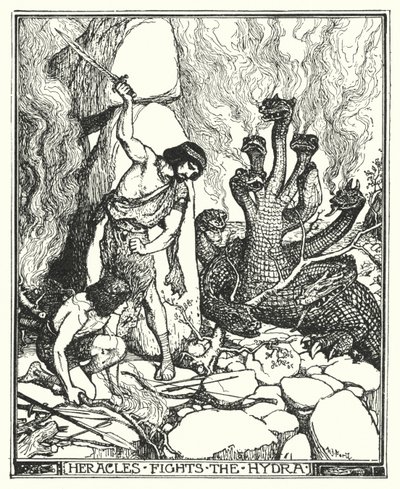 Herakles kjemper mot Hydra (litho) av Henry Justice Ford