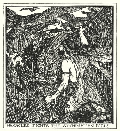 Herakles kjemper mot Stymphalian-fuglene (litho) av Henry Justice Ford