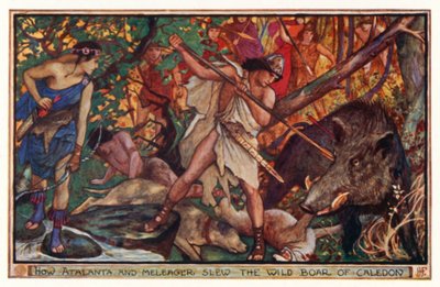 Hvordan Atalanta og Meleager drepte villsvinet i Caledon (farge litho) av Henry Justice Ford
