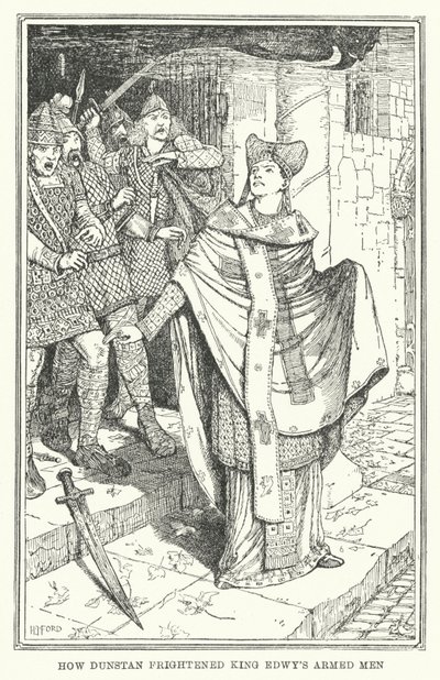 Hvordan Dunstan skremte kong Edwys væpnede menn (litho) av Henry Justice Ford