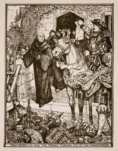 Hvordan Henry VIII fikk munkene vendt ut av klostrene, illustrasjon fra 'A History of England' av CRL Fletcher og Rudyard Kipling, 1911 av Henry Justice Ford