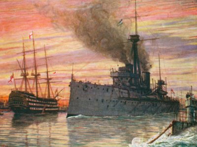 I Portsmouth havn i 1909, «Dreadnought» og «Victory» (fargelitografi) av Henry Justice Ford