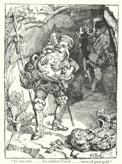 quot;I en hule. Soldatene fant. Vaser av rent gullquot; (litografi) av Henry Justice Ford