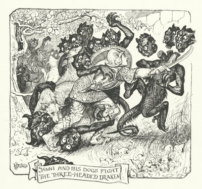 Janni og hundene hans kjemper mot den trehodede draken (gravering) av Henry Justice Ford