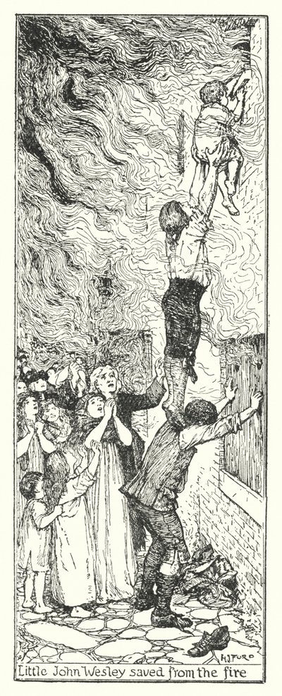 Lille John Wesley reddet fra brannen (litho) av Henry Justice Ford