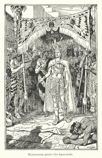 Montezuma hilser på spanjolene (gravering) av Henry Justice Ford