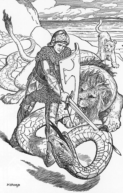Percival fightint the slang Illustrasjon av HJ Ford (1860-1940) fra "The book of romantikk" 1902 Privat samling av Henry Justice Ford