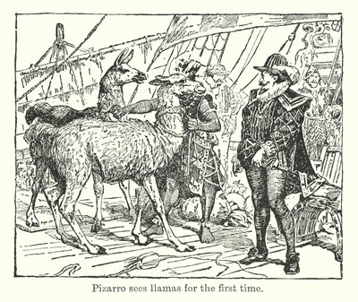 Pizarro ser lamaer for første gang (litografi) av Henry Justice Ford