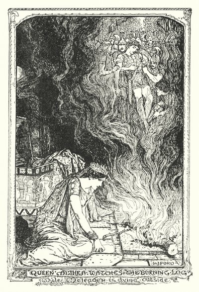 Dronning Althea ser på den brennende stokken mens Meleager dør utenfor (litho) av Henry Justice Ford