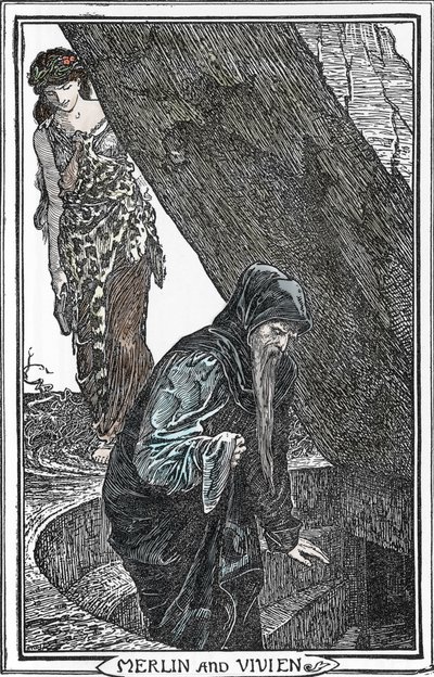 Representasjon av Merlin the Enchanter og Fee Viviane (Merlin anc Vivien) Illustrasjon av Henry Justice (HJ) Ford (1860-1941) fra "The book of romantikk"" 1902 Collection privee av Henry Justice Ford