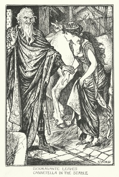 Scioravante etterlater Cannetella i stallen (gravering) av Henry Justice Ford