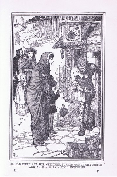 St Elizabeth og hennes barn, vendte ut av slottet og ønsket velkommen av den fattige gjestgiveren, 1912 av Henry Justice Ford