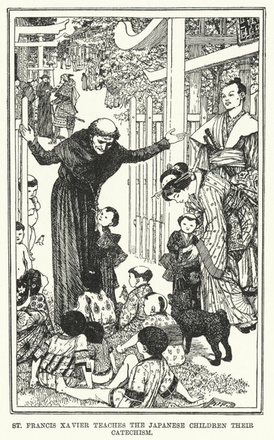 St Francis Xavier lærer de japanske barna deres katekisme (litho) av Henry Justice Ford