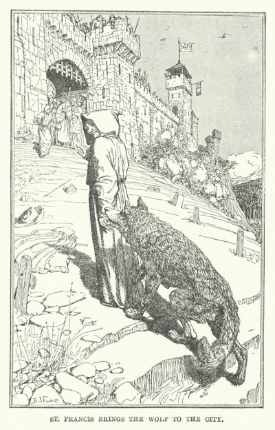 St Francis bringer ulven til byen (litho) av Henry Justice Ford