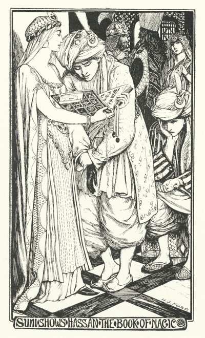 Sumi viser Hassan the Book of Magic (gravering) av Henry Justice Ford