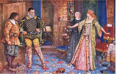 Grevinnen av Leicester river opp mannens brev i nærvær av Varney og Foster, illustrasjon fra Kenilworth, ca. 1910 av Henry Justice Ford
