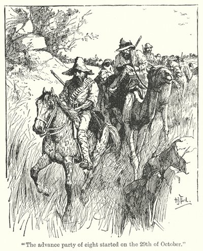 quot;Fortroppen på åtte startet 29. oktoberquot; (litografi) av Henry Justice Ford