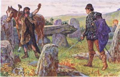 Tresilian konfronterer den mystiske hovslageren, illustrasjon fra Kenilworth, ca. 1910 av Henry Justice Ford