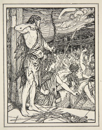 Ulysses skyter den første pilen på Wooers, fra "Tales of the Greek Seas" av Andrew Lang av Henry Justice Ford