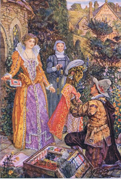Wayland spiller rollen som en pedlar i hagen, illustrasjon fra Kenilworth, ca. 1910 av Henry Justice Ford
